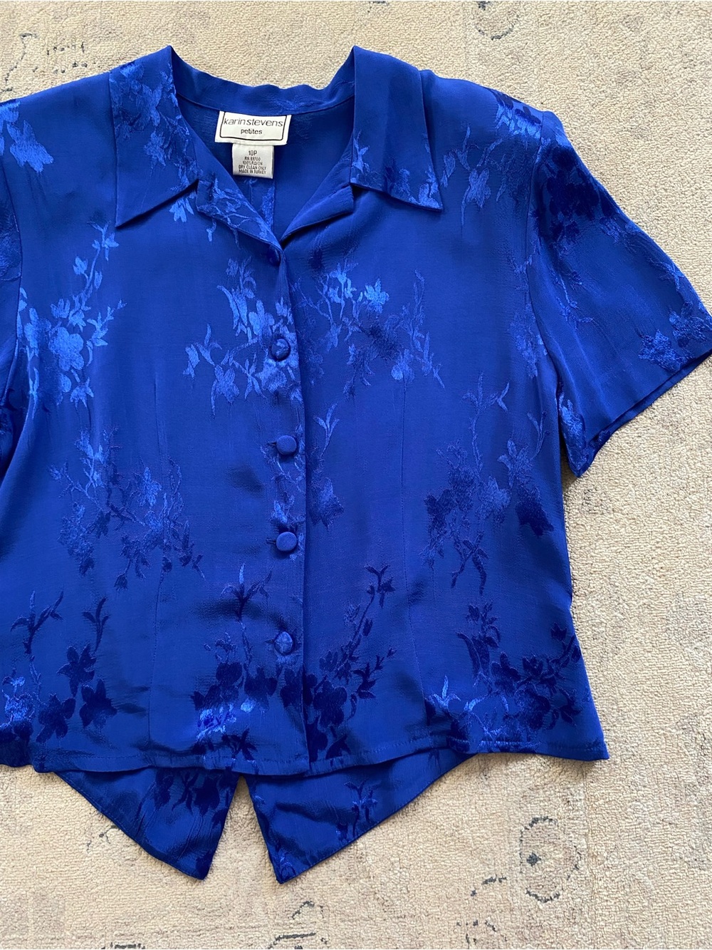 Vintage 80s 90s Karin Stevens Petites Floral Blouse Royal Blue Size 10 10P